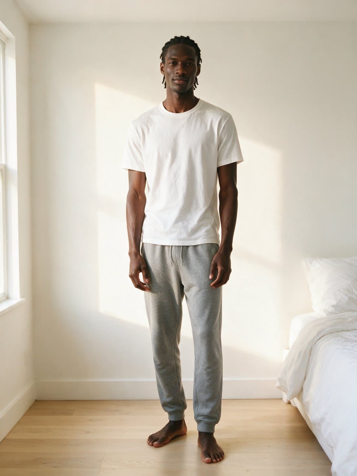 A man's own full body photo, taken at home
